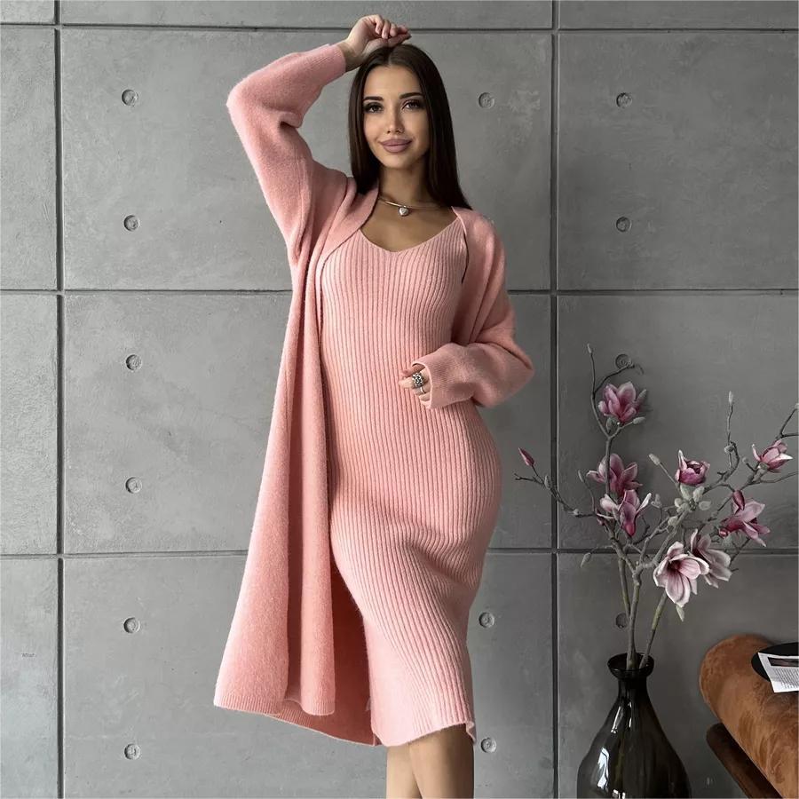 2pcs Knitted Suit Fashion Slim Sleeveless Long Cardigan Dress