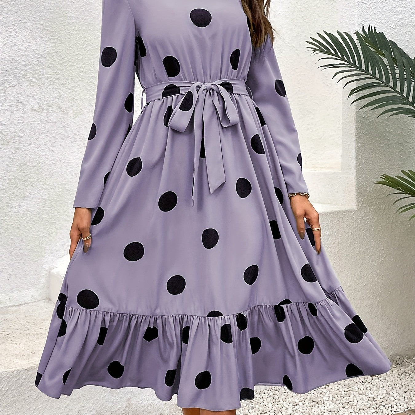 Versatile Slimming Polka Dot Belt Long Sleeve Dress
