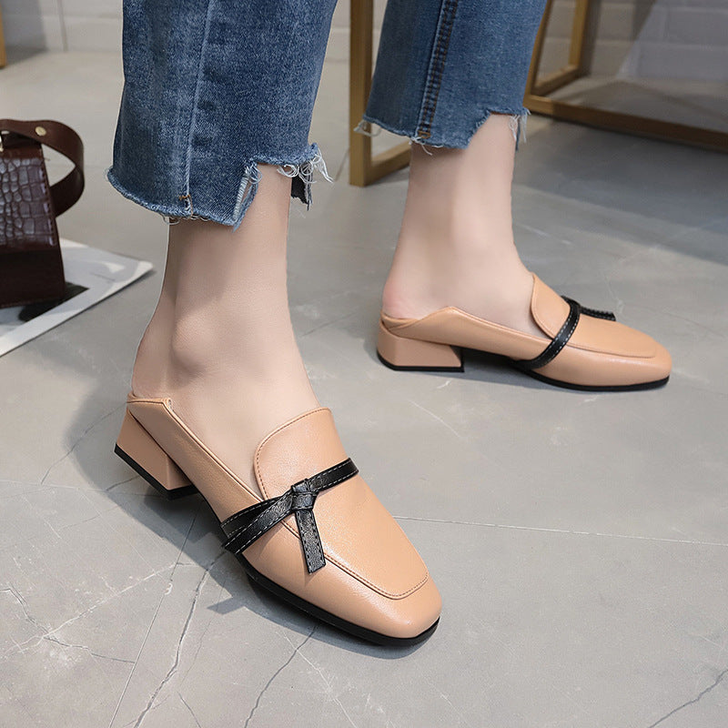 Thick heel square head bow single shoes