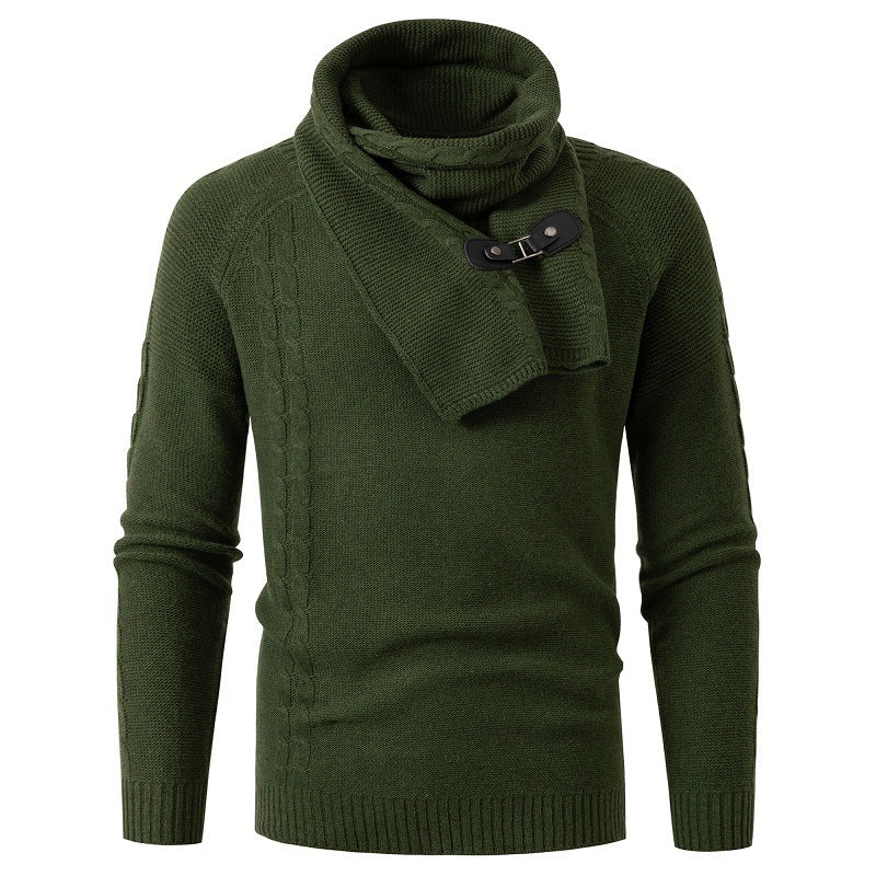 Men's Long-sleeved Scarf Detachable Slim Round Neck Pullover Knitted Sweater