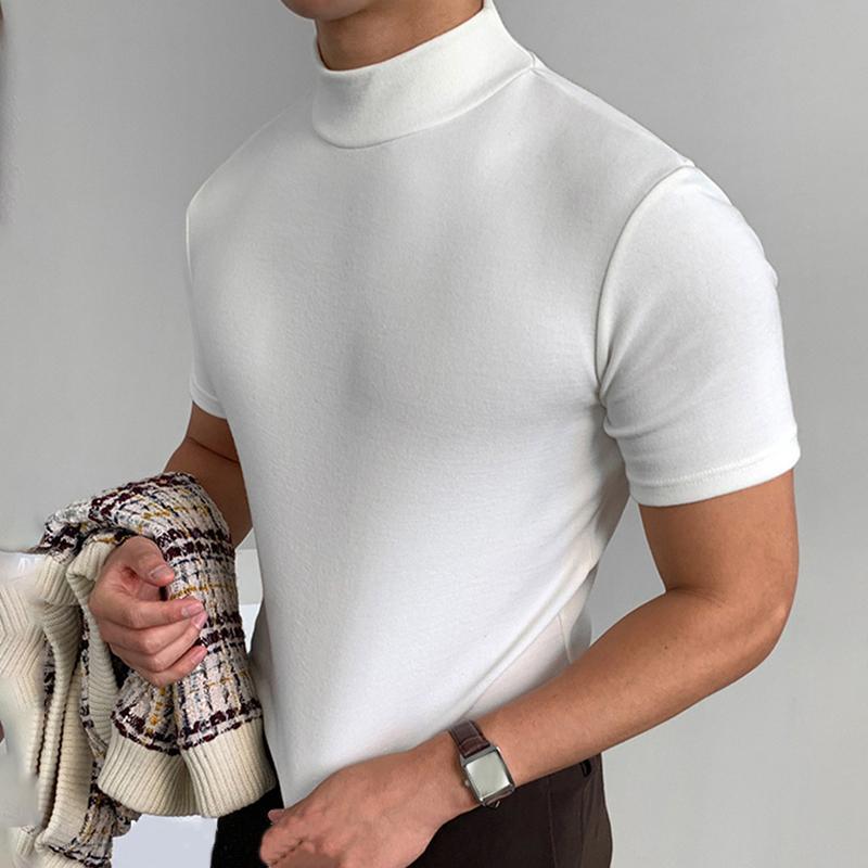 Summer Solid Color Short Sleeve Fashion Bottoming Shirt Men's Tight Turtleneck T-shirt