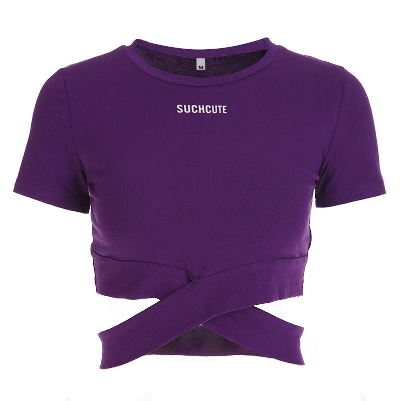 Cross straps exposed navel t-shirt women