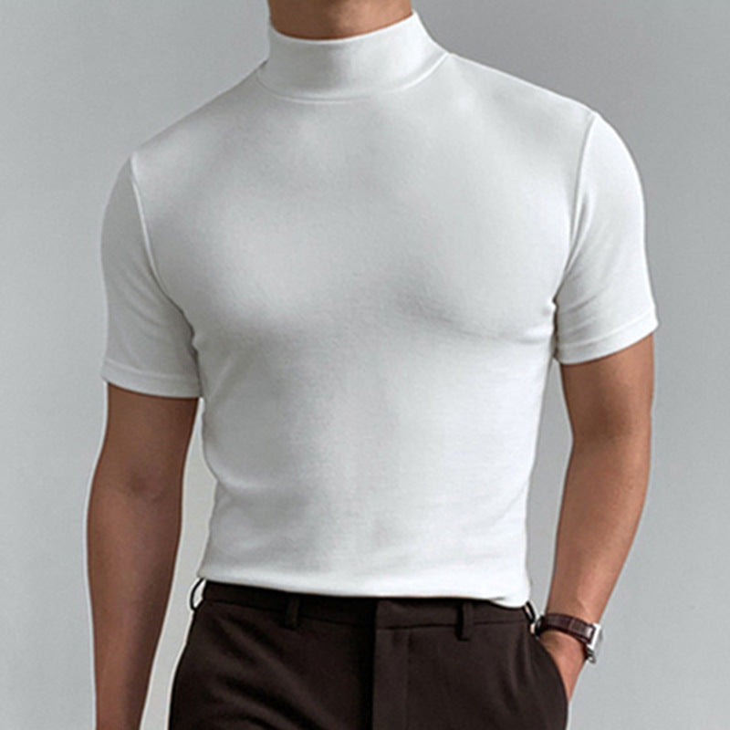 Summer Solid Color Short Sleeve Fashion Bottoming Shirt Men's Tight Turtleneck T-shirt