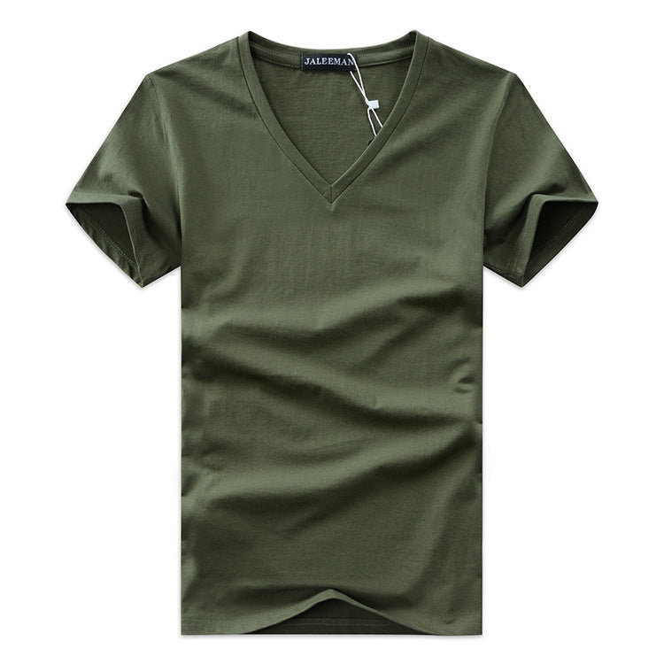 Spring And Summer Men's T-shirt V-neck Printed Short-sleeved Chicken Collar Bottoming Shirt Foreign Trade Plus Size Half Sleeve-Army Green