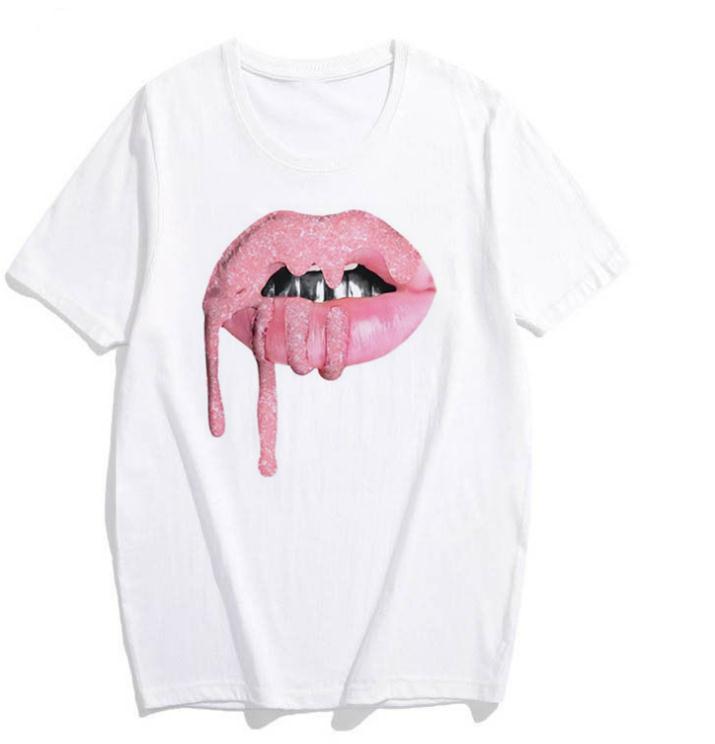 Short-sleeved t-shirt female lips print bottoming shirt
