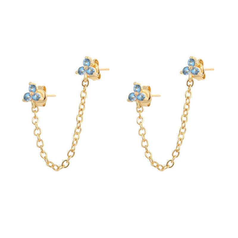 Zircon Flower One-piece Double Stud Earrings Chain Tassel