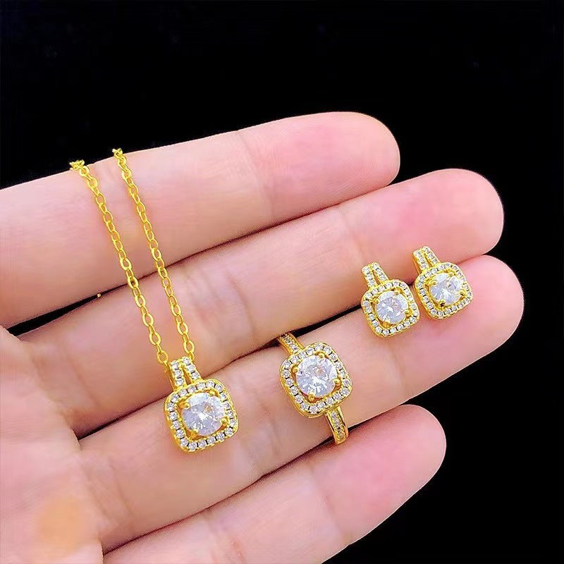 Fashion Zircon Gem Jewelry set. Pendant Chain Choker, Necklace, and Gold Color Stud Earrings.