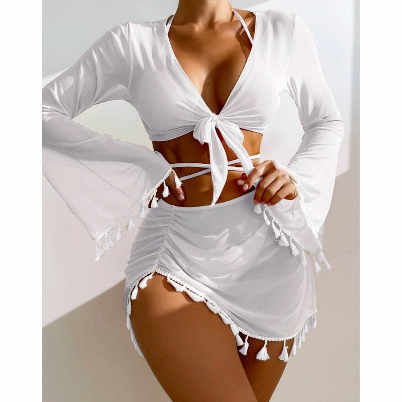 4pcs Solid Color Bikini With Short Skirt And Long Sleeve Cover-up