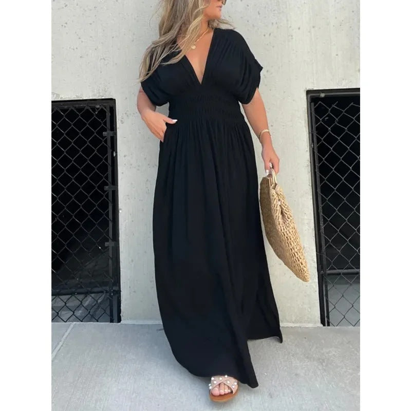 Fashion Bat-sleeved V-neck Slit Dress with Waist
