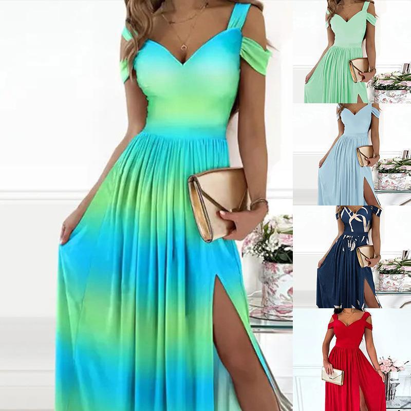 V-neck Boho Spaghetti Strap Dress Women Split Long Flowy Dresses For Party Beach