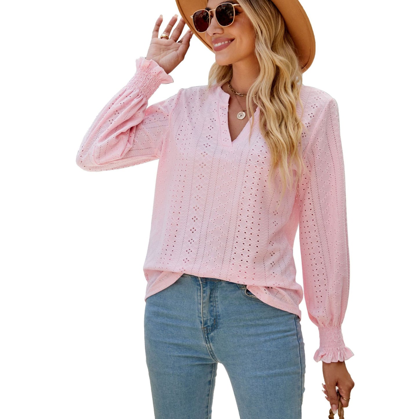 Solid Color Women's Pleated Ruffle V-neck Shirt