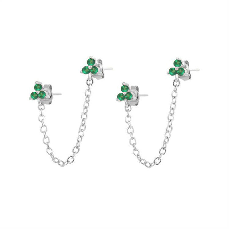 Zircon Flower One-piece Double Stud Earrings Chain Tassel