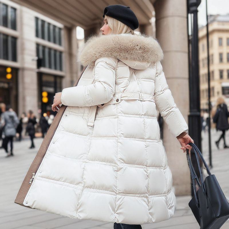 Winter Slim Long Jacket with Fur Hood and Belt