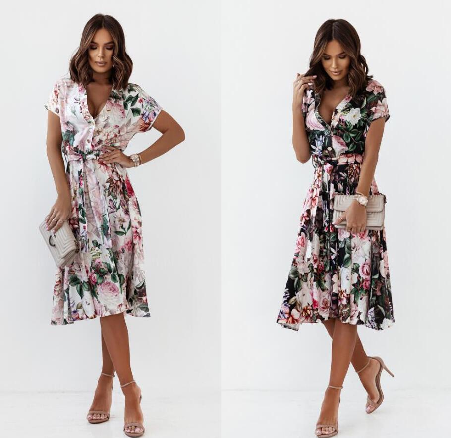 Women's Printed V-Neck Short Sleeve Mid-Length Dress