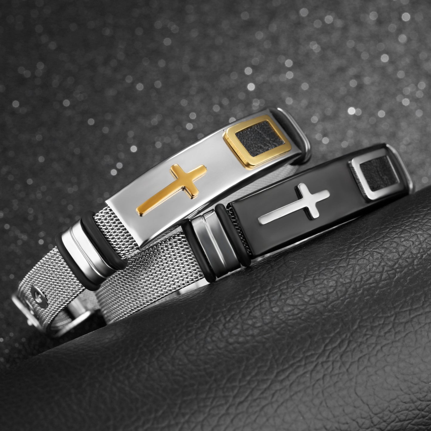 Men's personality Steel mesh gold cross titanium steel bracelet