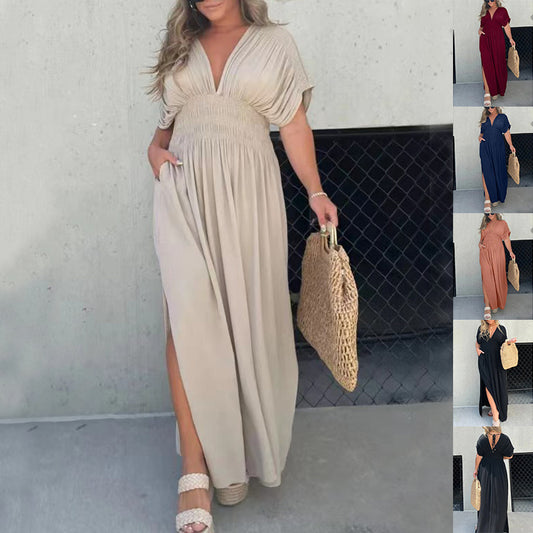 Fashion Bat-sleeved V-neck Slit Dress with Waist