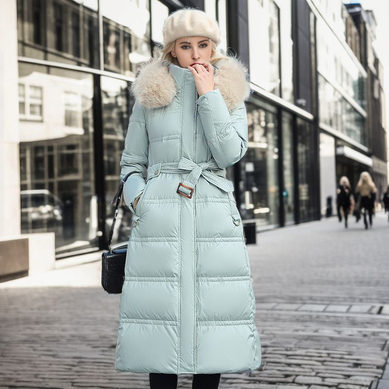 Winter Slim Long Jacket with Fur Hood and Belt