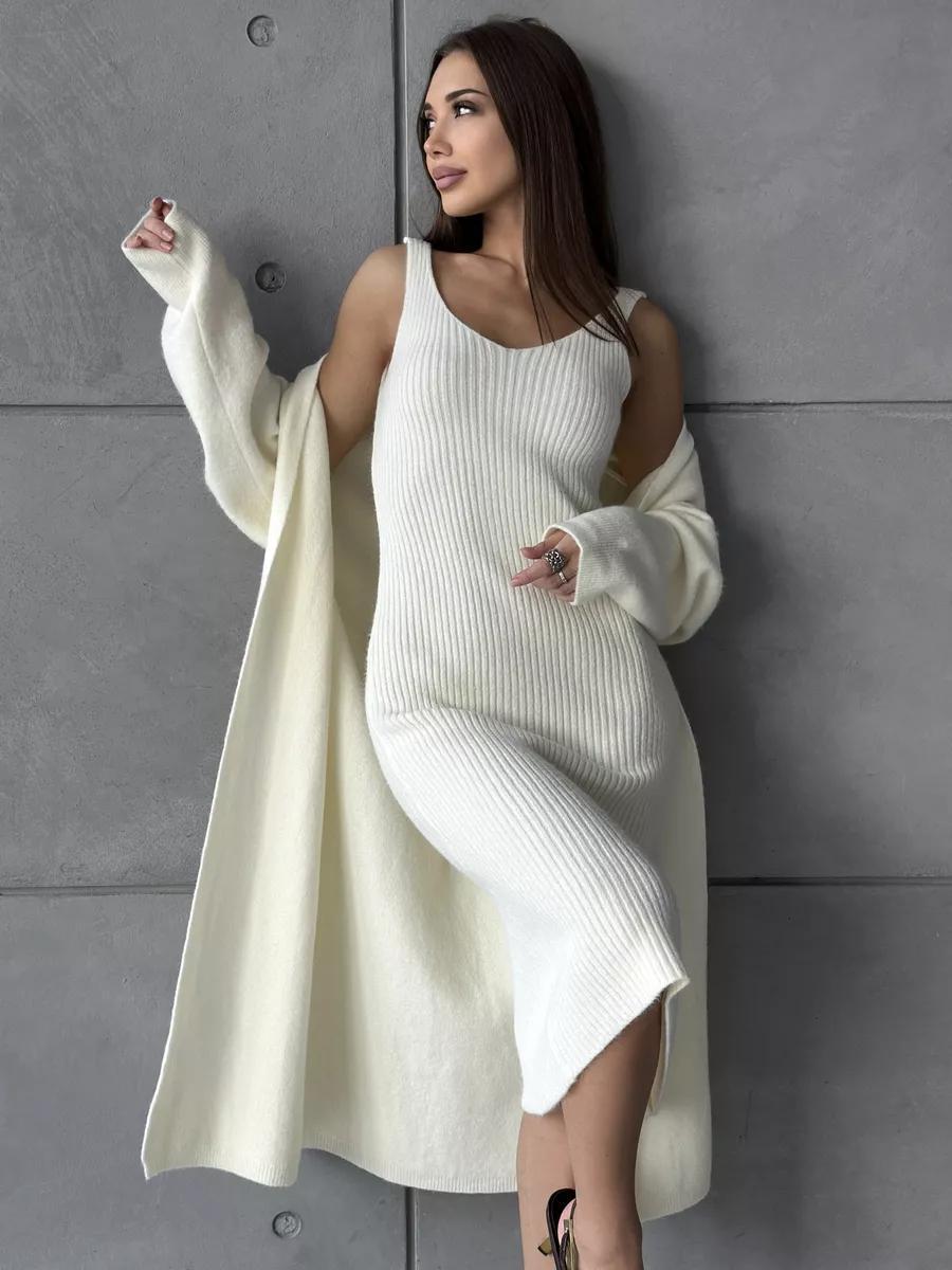 2pcs Knitted Suit Fashion Slim Sleeveless Long Cardigan Dress