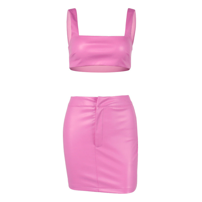 Women's PU Navel Short Skirt Two-Piece Set