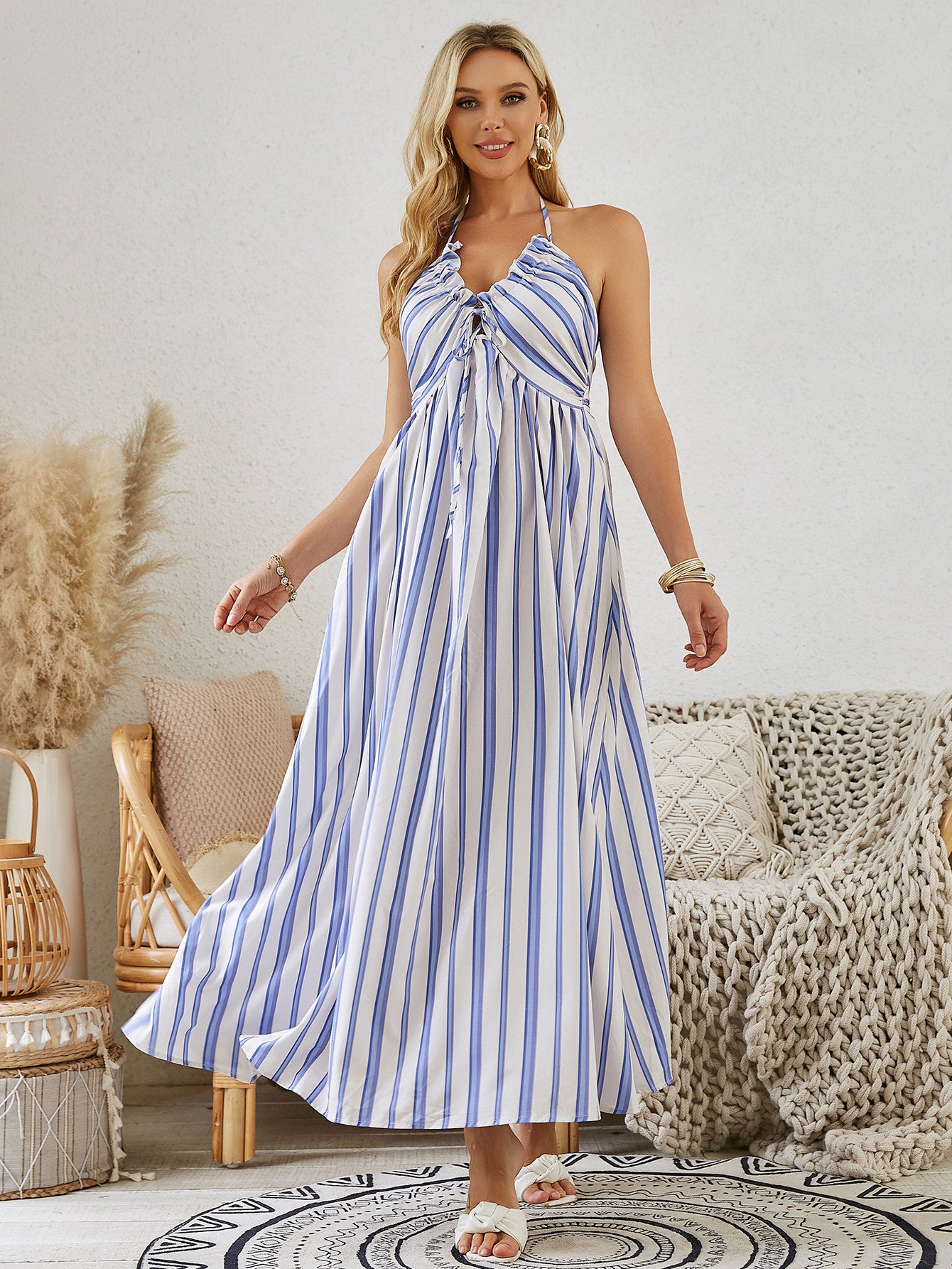 Bohemian Halter Maxi Dress - Women's Summer Sleeveless Flowy Beach Dress