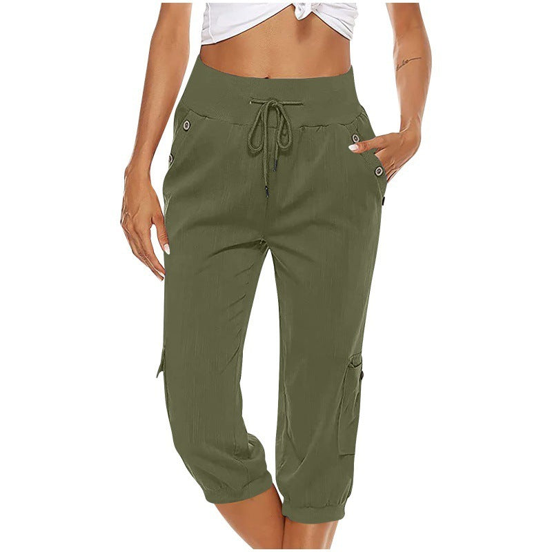 Women's Cropped Pants Cotton Linen Cargo Pocket Casual Pants