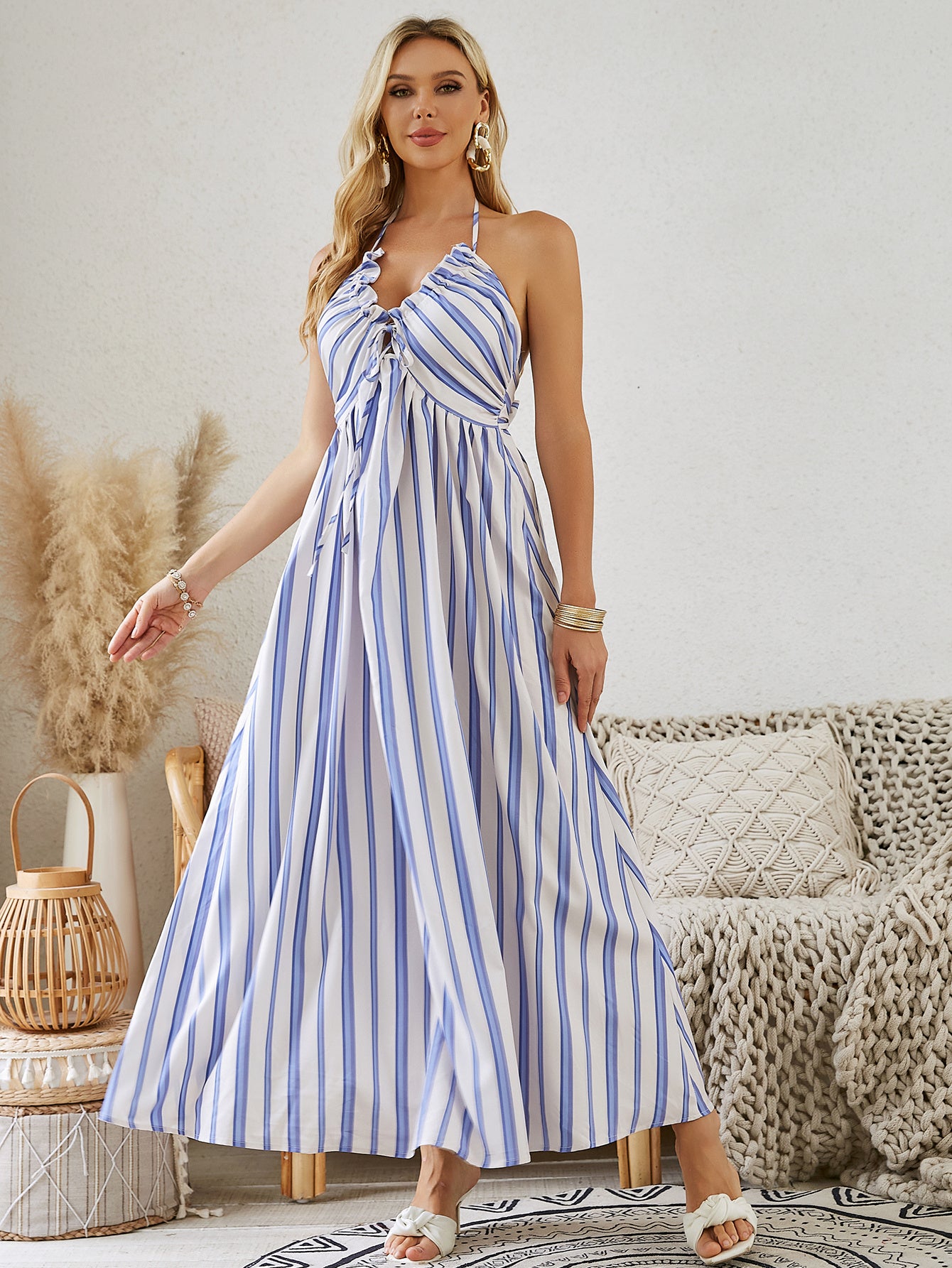 Bohemian Halter Maxi Dress - Women's Summer Sleeveless Flowy Beach Dress