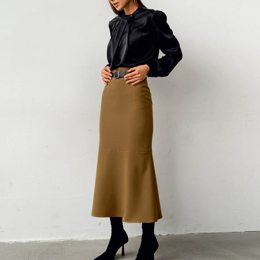 Retro Brown French Fishtail Skirt Autumn And Winter Temperament Drape