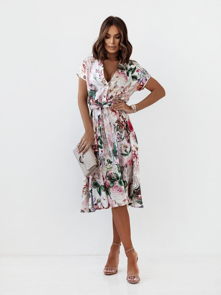 Women's Printed V-Neck Short Sleeve Mid-Length Dress