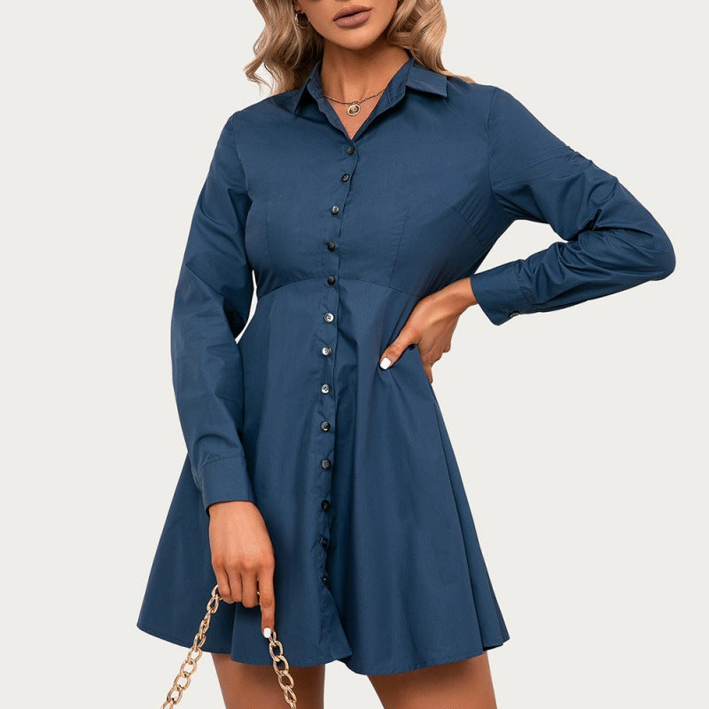 Solid Color Single Breasted Long Sleeve Shirt Dress