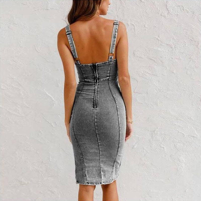 New U-neck Suspender Denim Dress Summer Casual with Slit Design