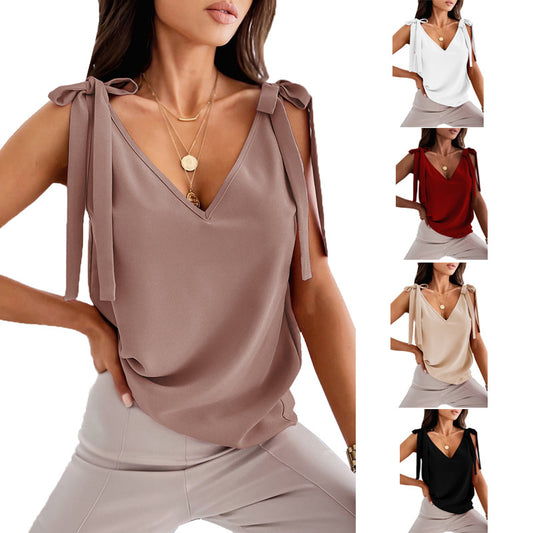 Bowknot Tie Up Camisole V-neck Shirts for Women