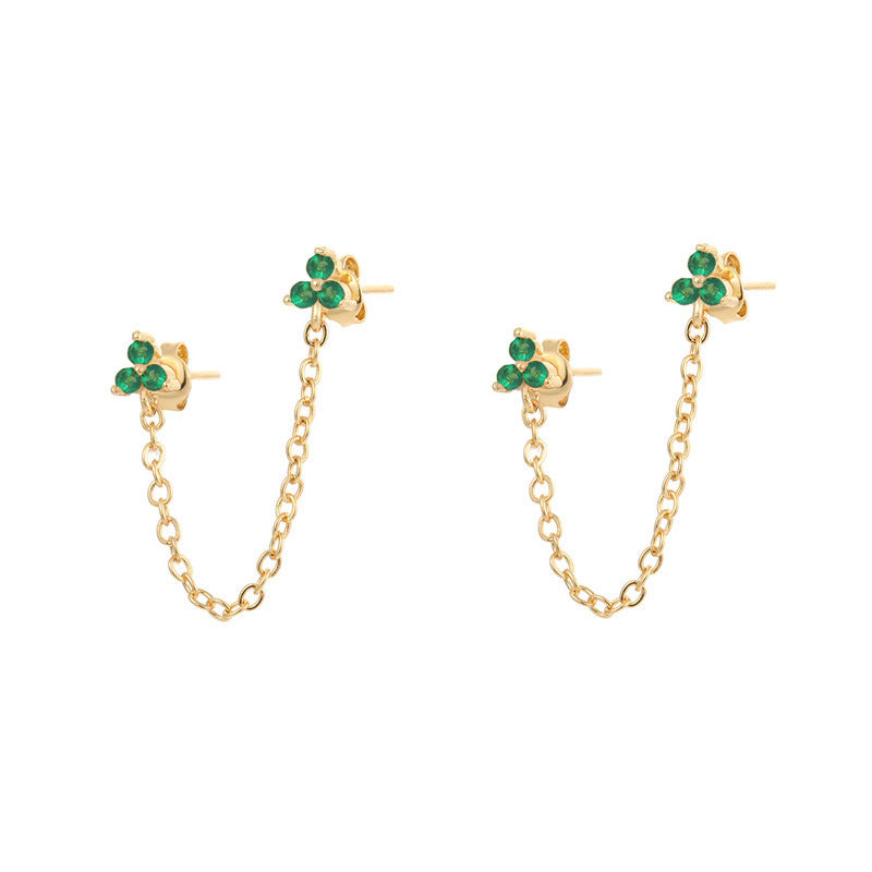 Zircon Flower One-piece Double Stud Earrings Chain Tassel