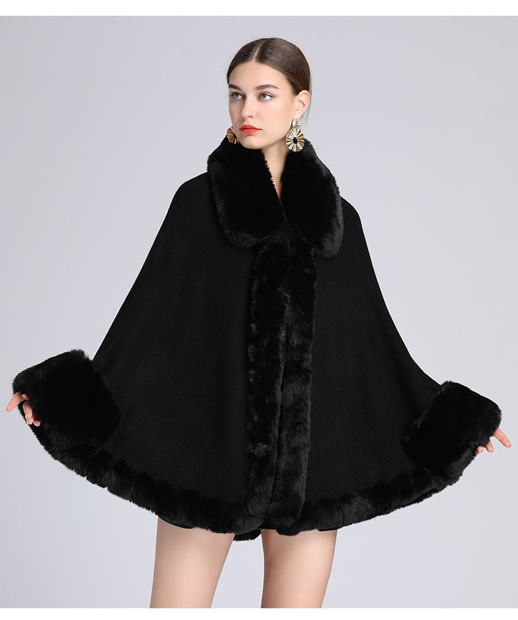 Rex Rabbit Fur Collar Shawl Cape Knitted