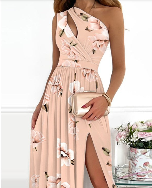 Solid Color One Shoulder Halter High Waist Dress