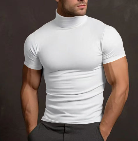 Summer Solid Color Short Sleeve Fashion Bottoming Shirt Men's Tight Turtleneck T-shirt