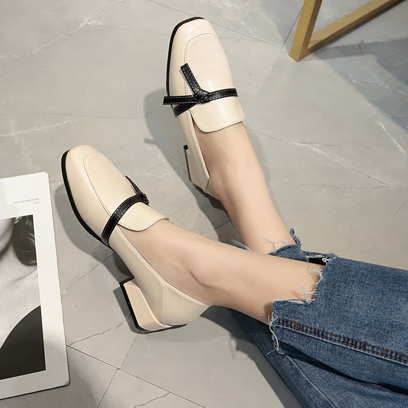 Thick heel square head bow single shoes