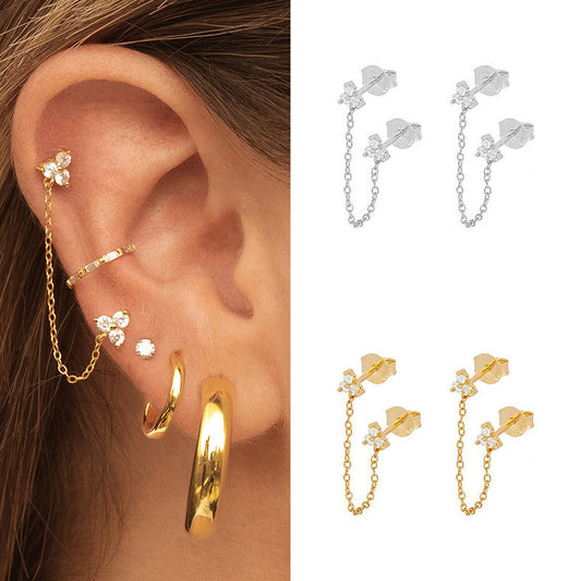 Zircon Flower One-piece Double Stud Earrings Chain Tassel