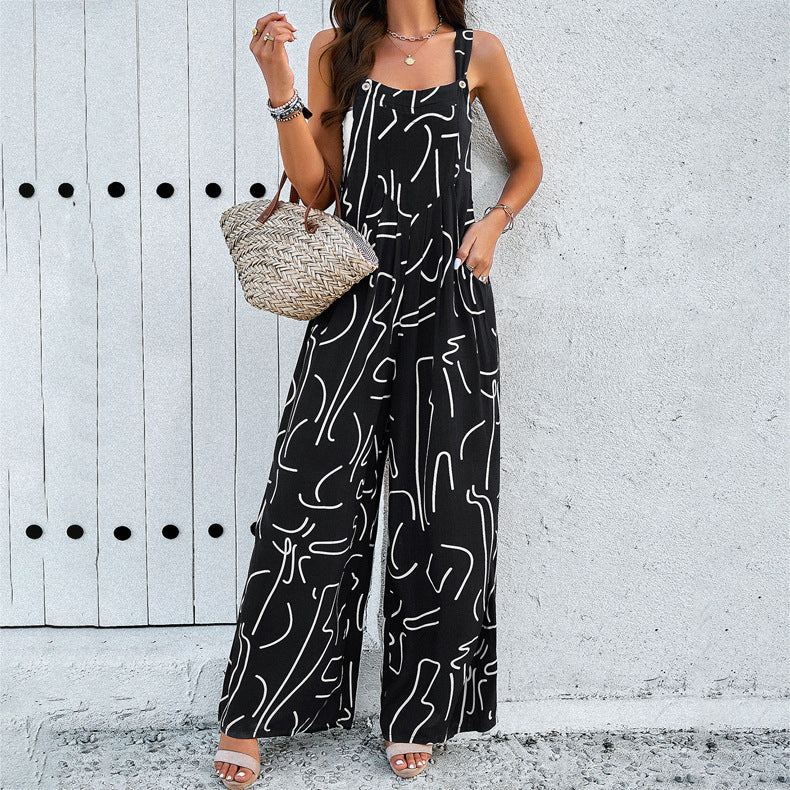 Fashion Print Square Neck Jumpsuit with Pockets Spring Collection