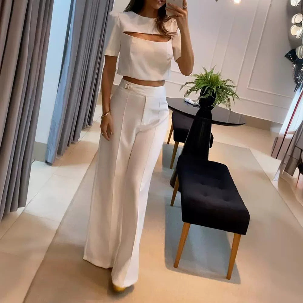 Women's White Short Sleeve Chest Hollow Out Top Suit