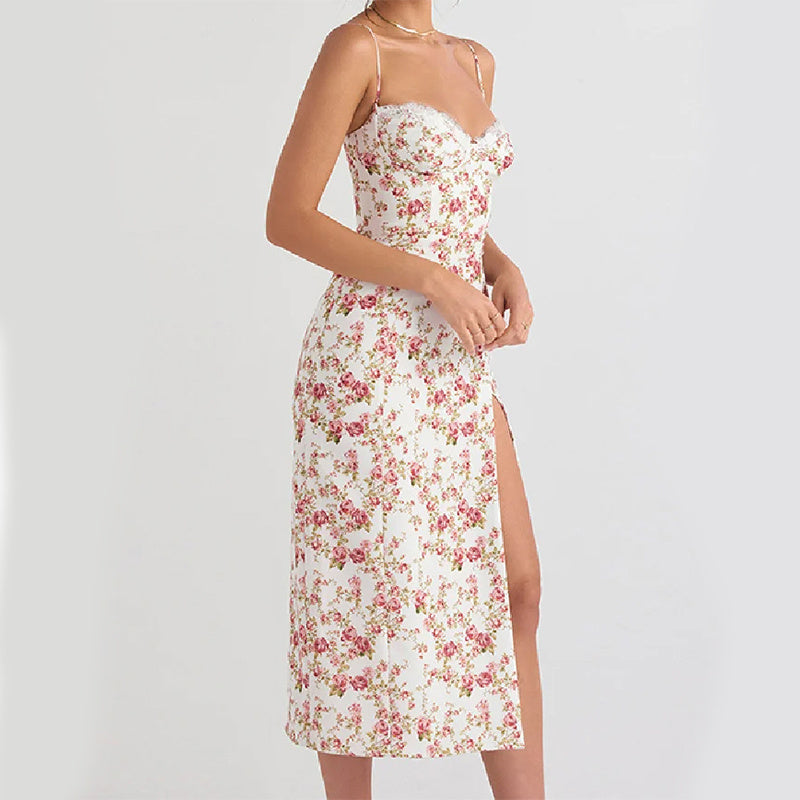 Lace Flowers Print Long Dress Fashion with Thigh Slit