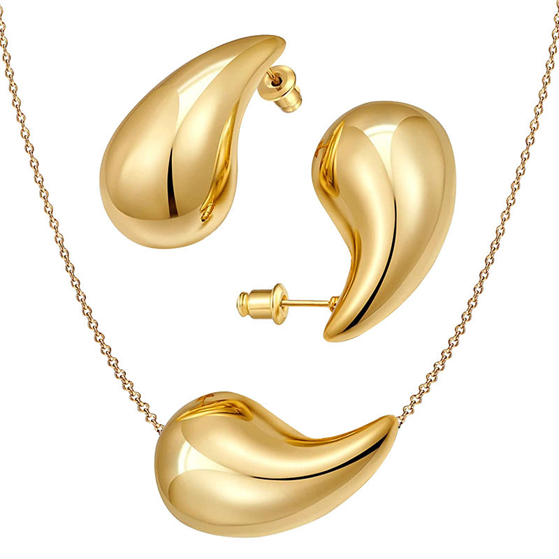 New 18K Thick Gold Hoop Earrings and Teardrop Hollow Necklace Set.