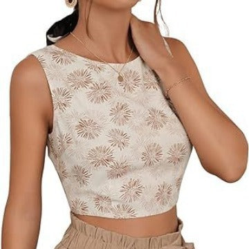Women Bohemian Sleeveless Backless Lace-up Full Body Print Cropped Tank Top