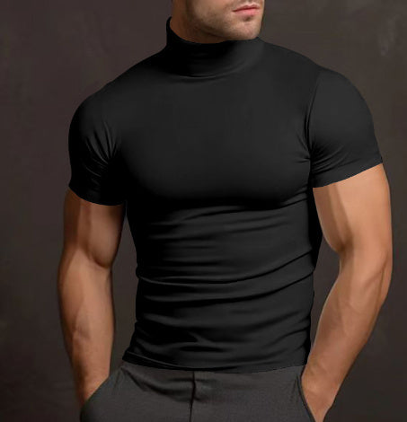 Summer Solid Color Short Sleeve Fashion Bottoming Shirt Men's Tight Turtleneck T-shirt