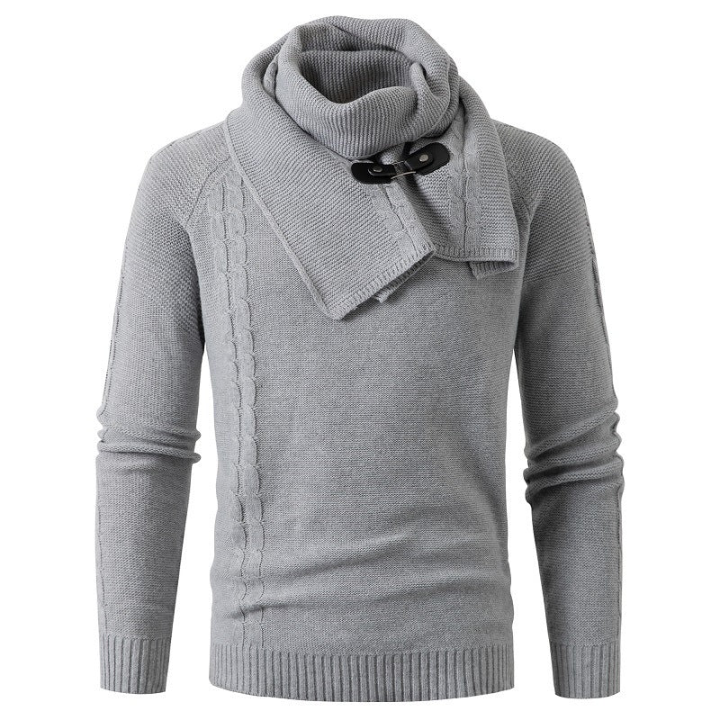 Men's Long-sleeved Scarf Detachable Slim Round Neck Pullover Knitted Sweater