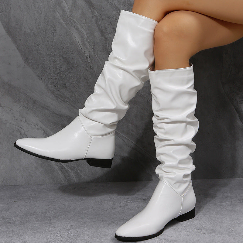 Long Boots White Cowboy Boots Women Pointed Toe Shoes