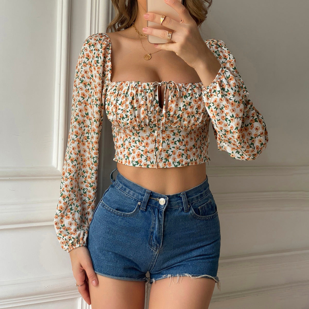 Women Small Floral Square Collar Blouse