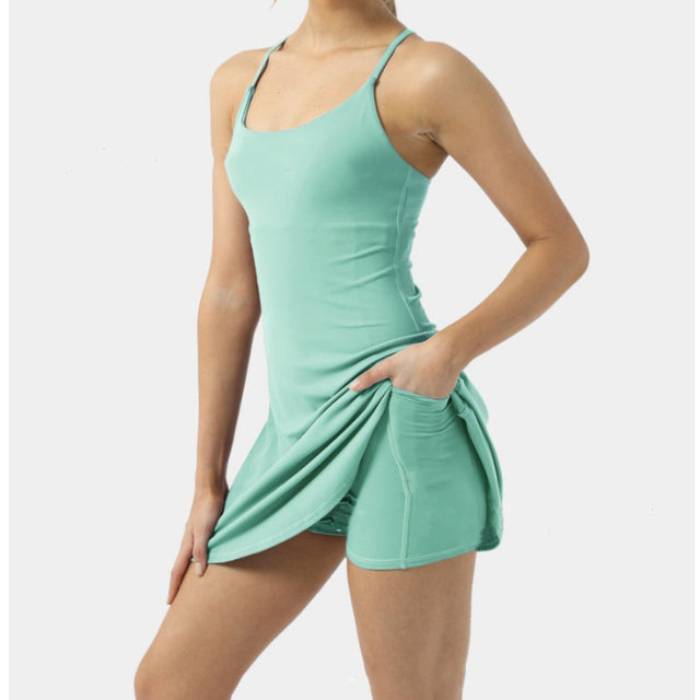 Vestido de tênis feminino sem mangas esporte shorts saia frente única