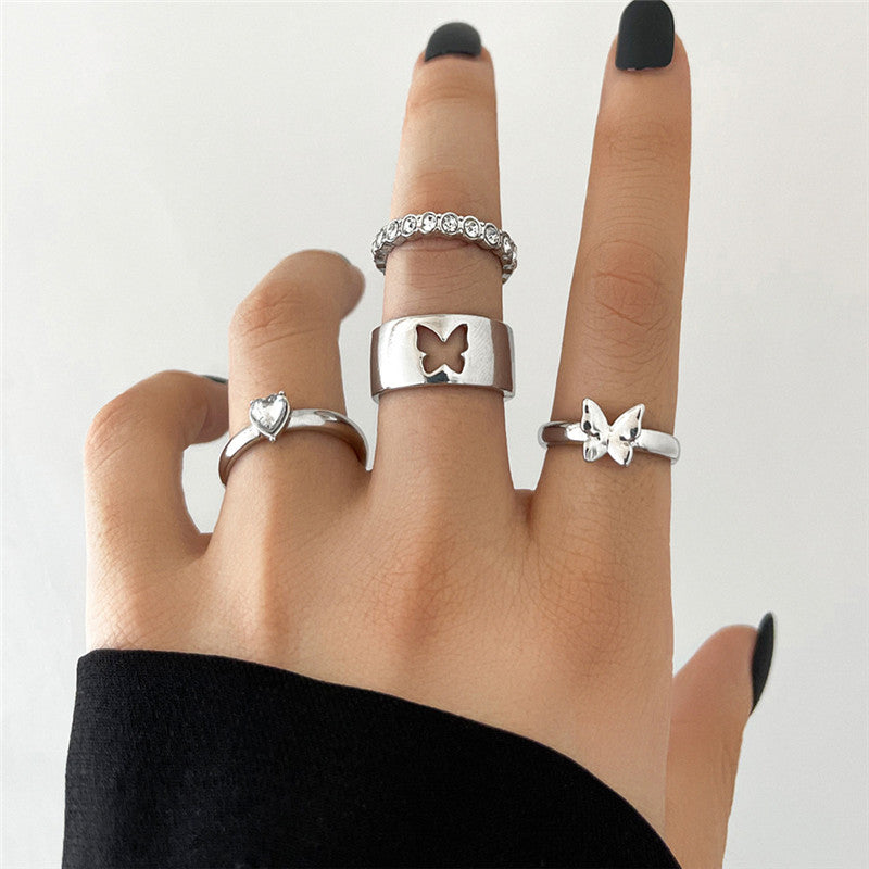 Hollow Butterfly Rhinestone Love Joint Ring Female Ring Four-piece Set