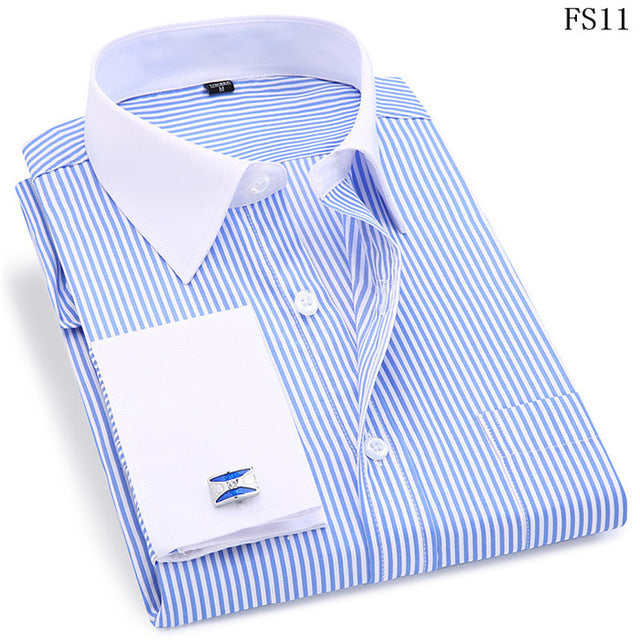 Men's Cufflink White Collar Dress Striped shirt