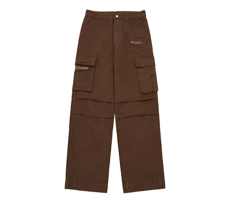 Retro Overalls Solid Color Straight Pleated Paratrooper Pants